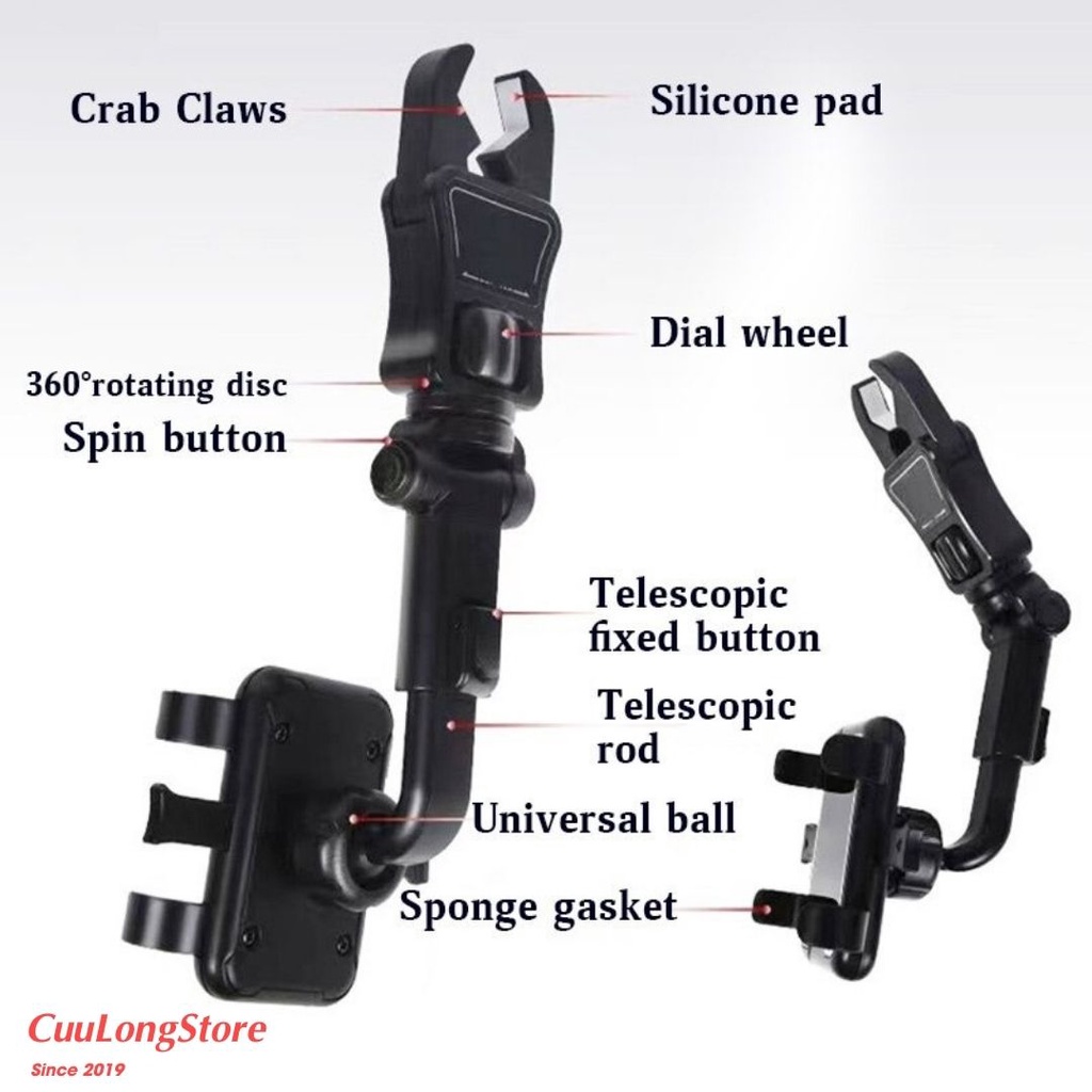 Giá Đỡ Điện Thoại Ô Tô Xoay 360 Độ đa góc điều chỉnh kẹp treo gương chiếu hậu, ghế ngồi chống rung lắc gắn trên xe hơi
