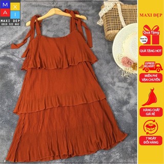 Đầm maxi tầng dập ly màu cam 2 dây đi biển chụp hình siêu xinh mát mẻ