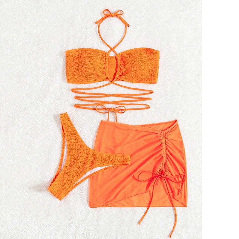 Bikini nữ 3 mảnh hàng nhập cao cấp áo quây cột ngực quần chip kèm váy lưới dây rút vải xốp nhiều màu