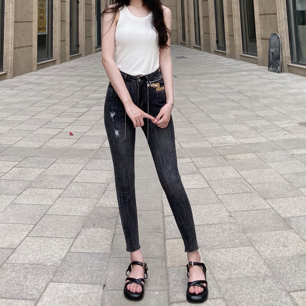 Quần skinny jean nữ lưng cao, Quần bò bó màu khói rách nhẹ SK02 - La'coba