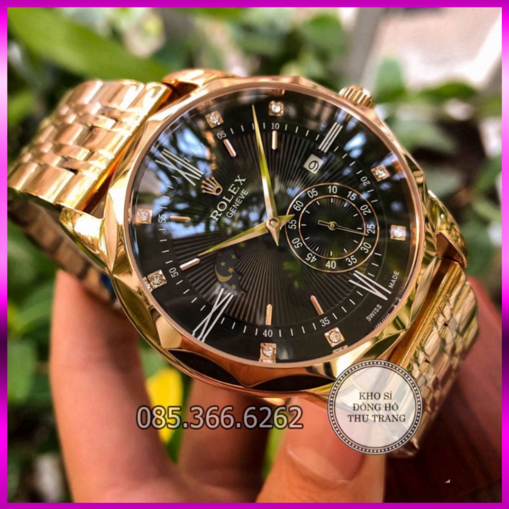 Đồng hồ Nam Rolex máy nhật, mẫu 3kim cắt vát mặt đen viền vàng dây da, dòng cơ Automatic size 40mm-41mm - Siêu sale giá