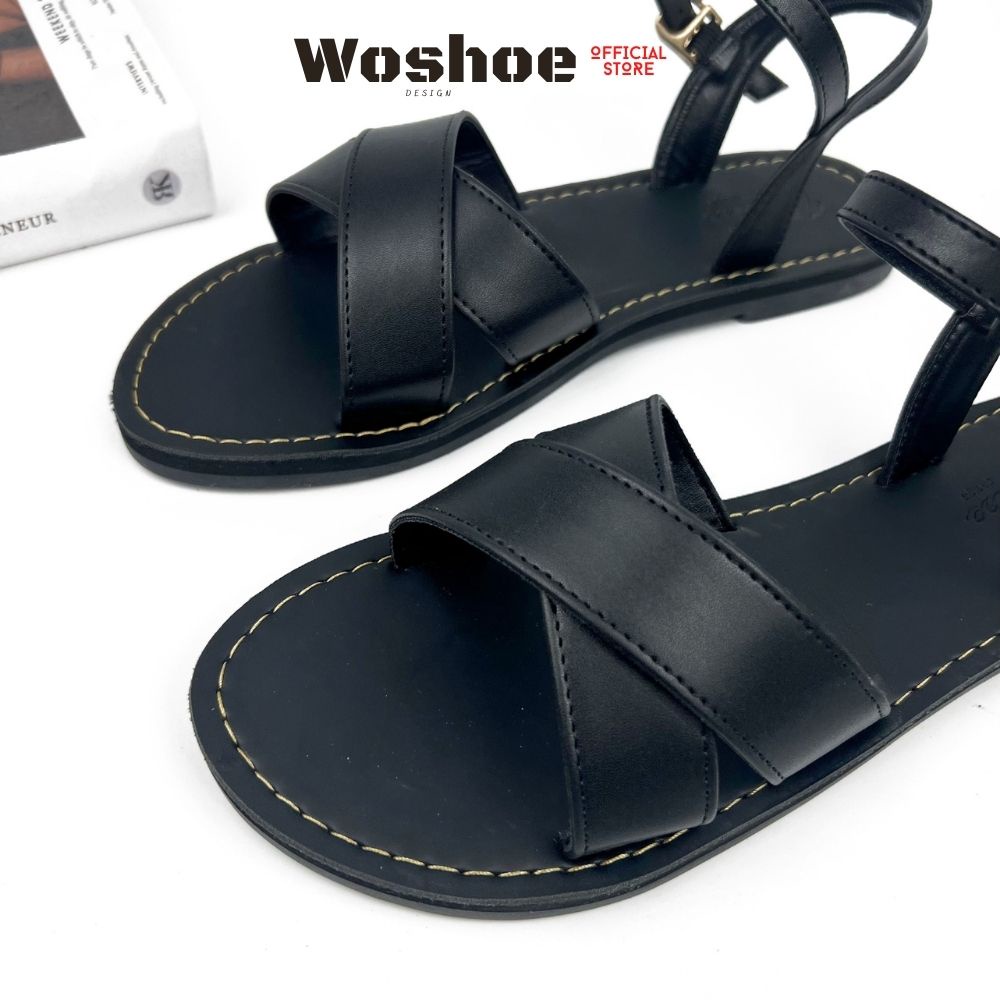 Giày sandal nữ quai chéo đế bệt WOSHOE đi học, đi làm full đen bigsize 34-42 W14