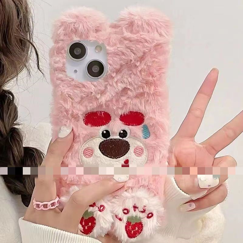 Ốp Điện Thoại Lông Xù Mềm Hình Gấu Dâu Tây Đáng Yêu Cho iPhone 14 12 11 13 Pro max  xs max 7 8 Plus