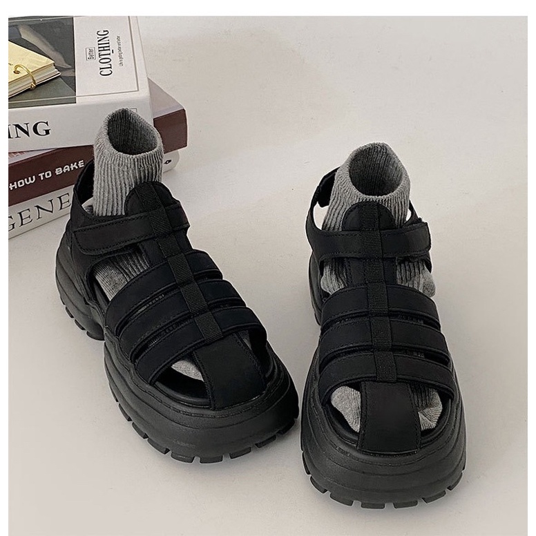 Giày sandal mũi rọ nữ phong cách la mã đế cao 6cm chất liệu vải đế cao su phong cách cá tính ulzzang