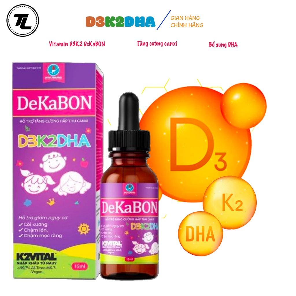 Vitamin D3K2DHA DekaBon 15ml - sản phẩm bổ sung Vitamin D3, K2 tăng cường canxi cho trẻ nhỏ giúp trẻ phát triển toàn d