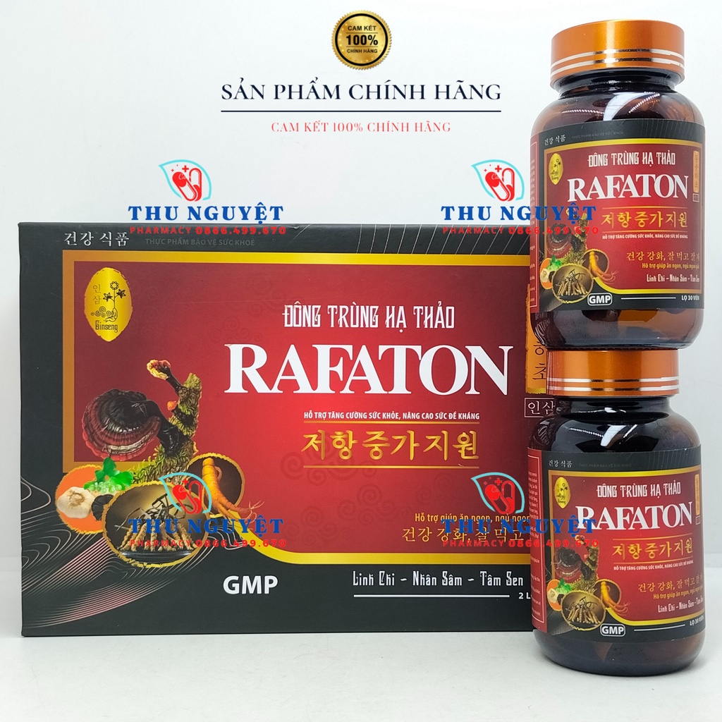 Đông trùng hạ thảo RAFATON (Hộp 2 lọ x 30 viên) - Nhân sâm, linh chi, Tăng cường sức khỏe, hỗ trợ ăn ngon, ngủ ngon giấc