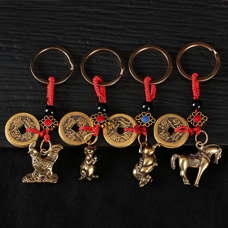 Móc khóa đồng thau độc lạ may mắn phong thủy đẹp hình xu ngũ hoàng Mèo thần tài phong cách sưu tầm độc đáo bền