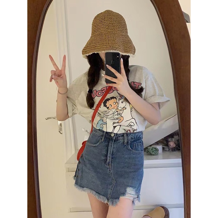 🧡GGLOCAL🧡Áo Thun Tay Ngắn Dáng Rộng In Họa Tiết Hoạt Hình Phong Cách Điển Thời Trang Cho Nữ