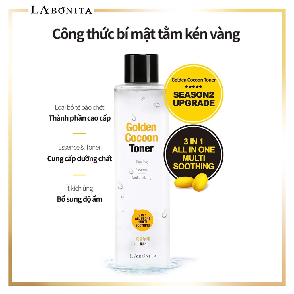 Nước cân bằng làm sạch, cân bằng, dưỡng ẩm da La Bonita Golden Cocoon Toner 340ml