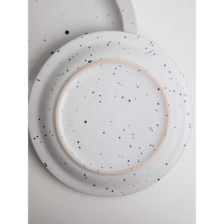 Đĩa salad sứ ReedHOME tráng men màu trắng chấm đen dùng được lò vi sóng