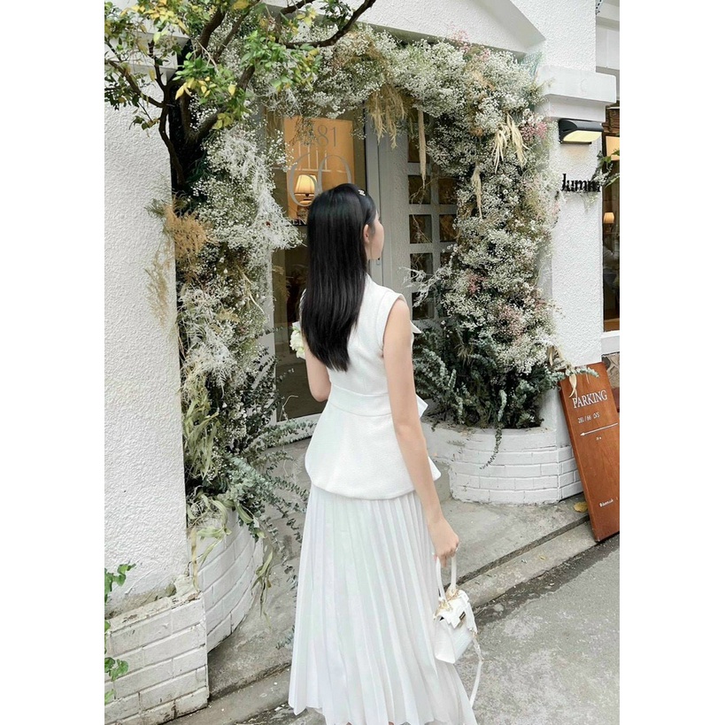 sét áo bèo xốp caro cài nút thật kèm chân váy voan dập ly sang chảnh dễ thương