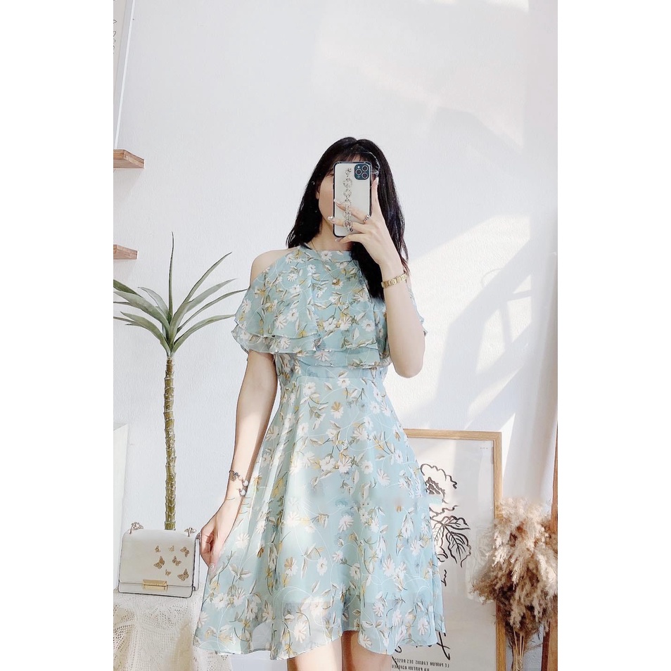 Váy nữ hoa khoét vai, đầm đi biển, đi chơi, chất liệu voan lụa 2 lớp mặc 2 kiểu_Munnstore