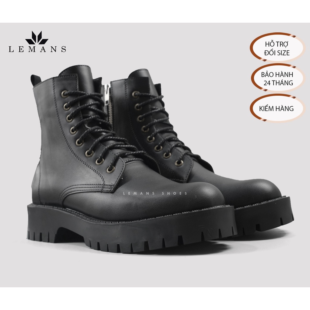 Giày da bò Chunky COMBAT Boots LEMANS nam - Đế Chunky cao 4.5cm - Khóa YKK - Bảo hành chính hãng 12 tháng