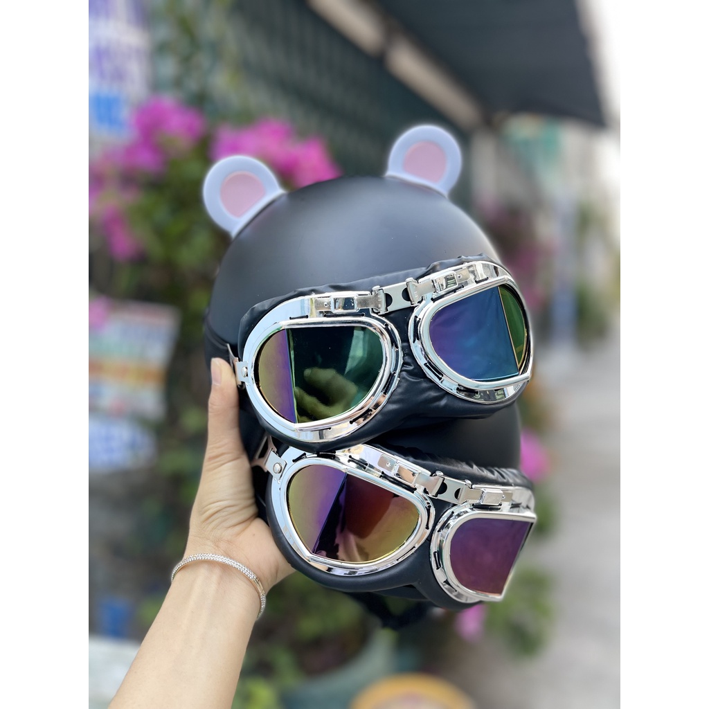 NÓN BẢO HIỂM NỬA ĐẦU KÍNH PHI CÔNG KÈM TAI GẤU PANDA