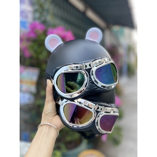 Nón bảo hiểm nửa đầu kính phi công kèm tai gấu panda