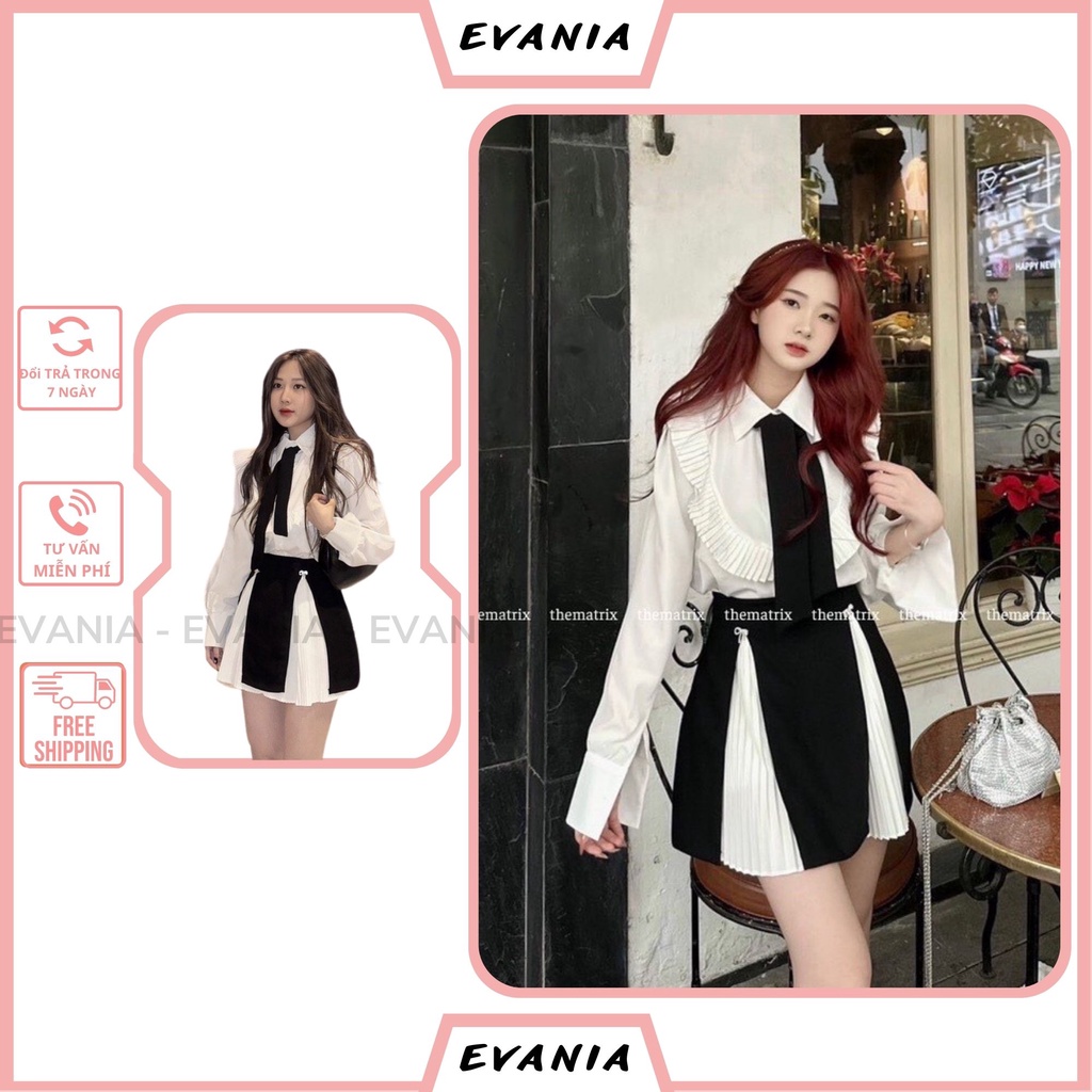 Set Áo Chân Váy EVANIA Set Chân Váy Xếp Ly Trắng Phối Tà Đen Mix Áo Sơ Mi Dài Tay Kiểu Cổ Bèo - Mã GLC300