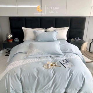 Bộ chăn ga gối lụa 60s thêu hoa đào 3 màu pastel luna bedding