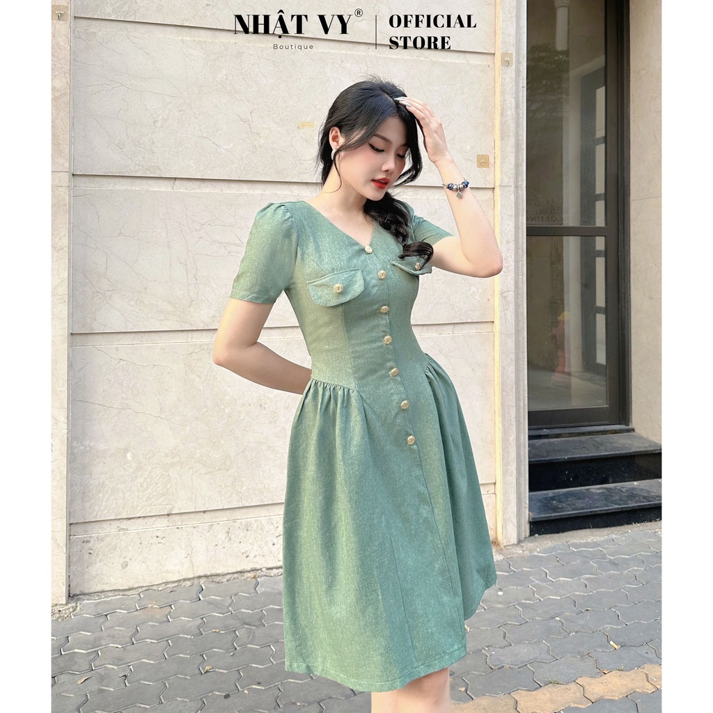 Đầm đi chơi NHẬT VY tay ngắn dáng xoè cổ V đính cúc xếp ly kiểu chất linen phù hợp dạo phố cafe sang chảnh - D2585