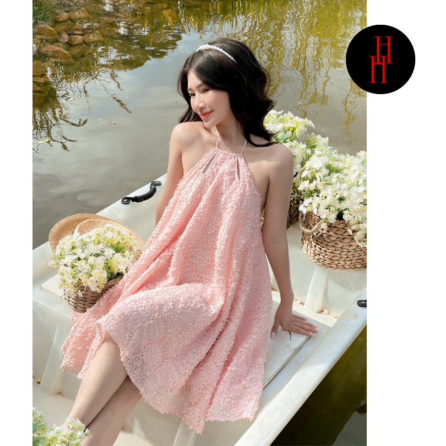 Đầm babydoll HDT303 cổ yếm hở lưng màu hồng Hỉn Hỉn Store