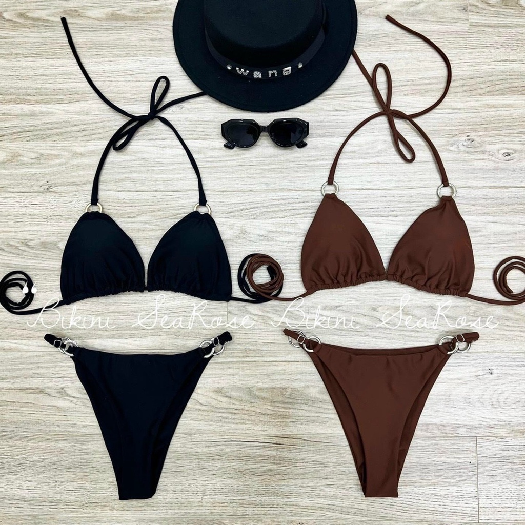 Đồ Bơi Bikini Đi Biển 2 Mảnh Tam Giác Khoen Quần Tăng Đơ Nâu Tây Sexy - TS150