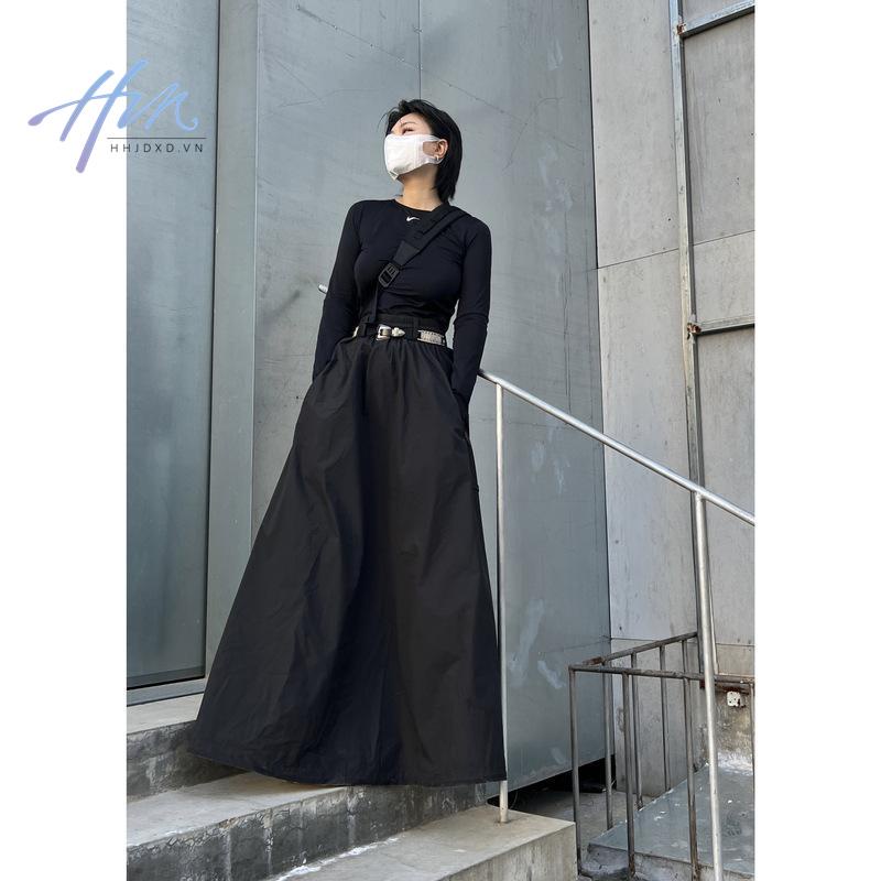 Chân Váy Đen Lưng Cao Dáng Rộng Phong Cách Thể Thao Thời Trang Xuân Thu Cho Nữ