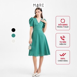 Đầm midi nữ MARC FASHION tay phồng cổ tim dằn li CBSH110622