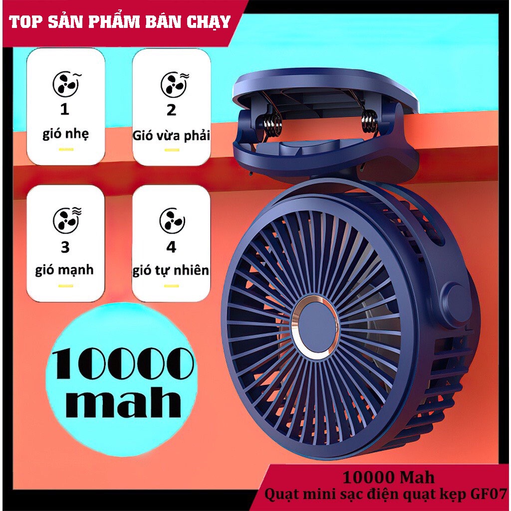 Quạt mini sạc điện 10000mah quạt kẹp GF07, Quạt mini pin trâu Điều chỉnh bốn tốc độ pin siêu bền