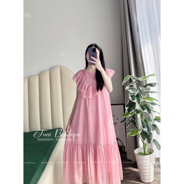 Váy voan 2 lớp cổ bèo dáng dài maxi