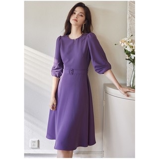 Đầm dáng xoè đầm tím tay lửng cổ tròn công sở tinh tế