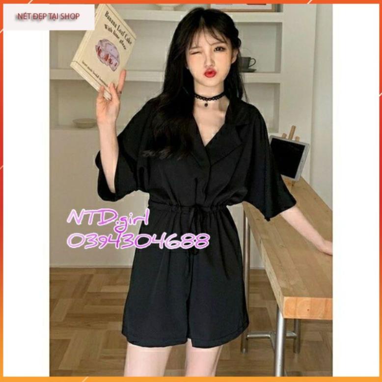 Jumpsuit ngắn rút eo cổ vest, bộ jum đùi vải lụa chéo Ý - DTH