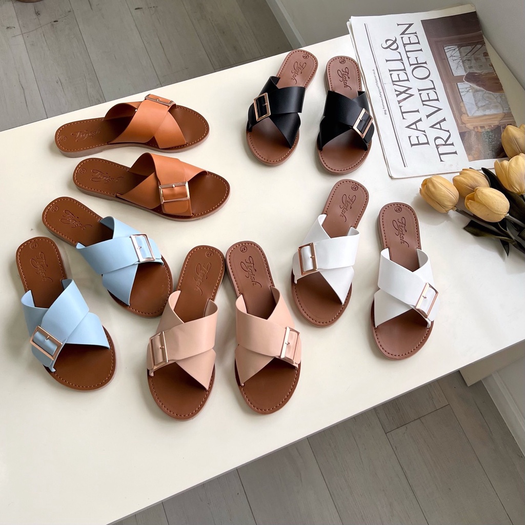 Dép Lê nữ quai chéo chất liệu da nhiều màu, đế TPR dẻo chống trơn trượt