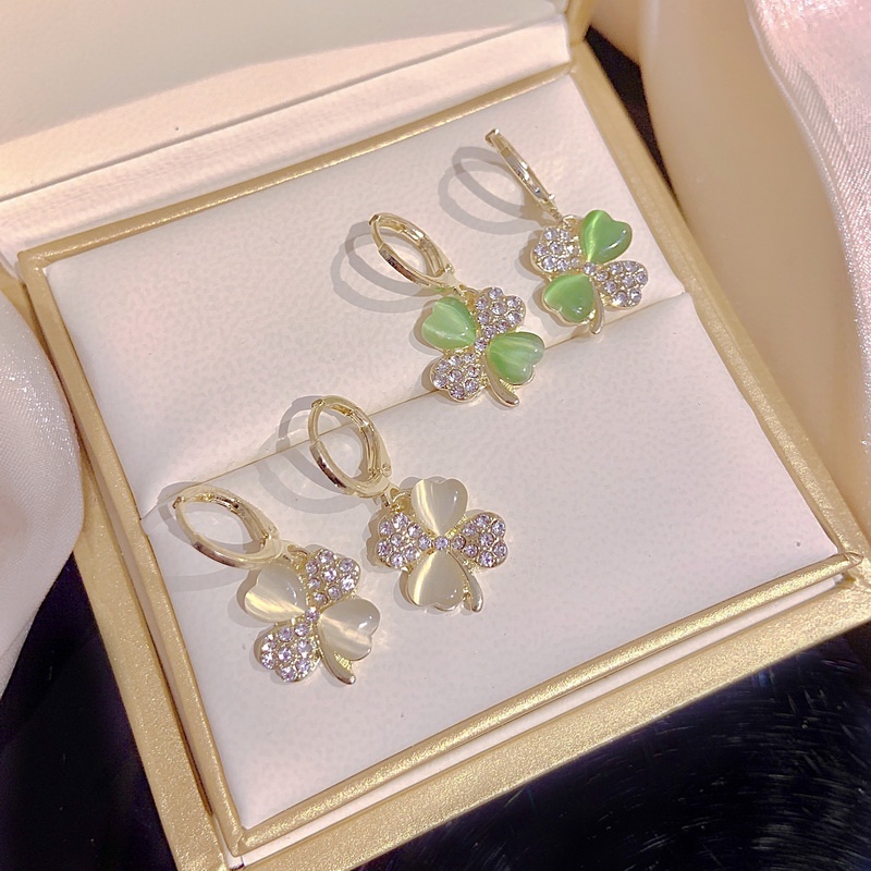 Bông Tai Hình Cỏ Bốn Lá Đính Đá Zircon Chất Lượng Cao Thời Trang Cho Nữ