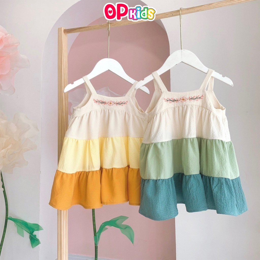 Váy 2 dây xốp thêu hoa OP KIDS size 8 - 26 kg, đầm 2 dây dáng xòe cho bé gái chất mềm mịn, thoáng mát , không nhăn