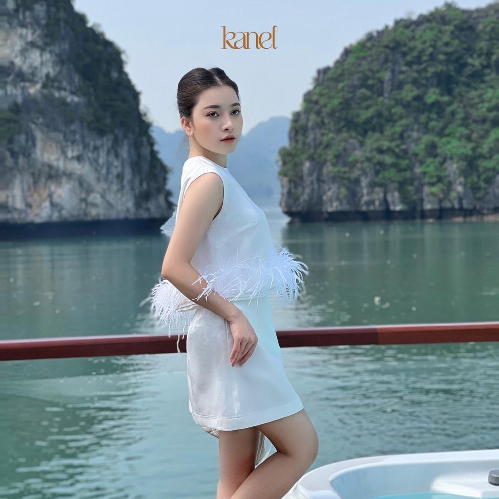 Set váy áo KANEL chân váy chữ A, áo sát nách nữ phối lông chân áo - S1592, áo sơ mi nữ sát nách 3 màu đen trắng ghi