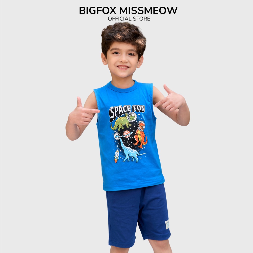 Bộ đồ ba lỗ bé trai Bigfox Miss Meow size đại mùa hè, in Khủng long chất cotton sát nách đi biển 3,6,9,11 tuổi 30kg 40kg