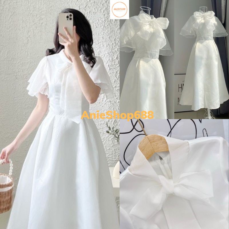 Đầm váy nữ trắng dài thắt nơ tay bèo xoè cánh tiên tiểu thư đi dự tiệc cưới sự kiện ,Váy công chúa thắt nơ voan 2 lớp