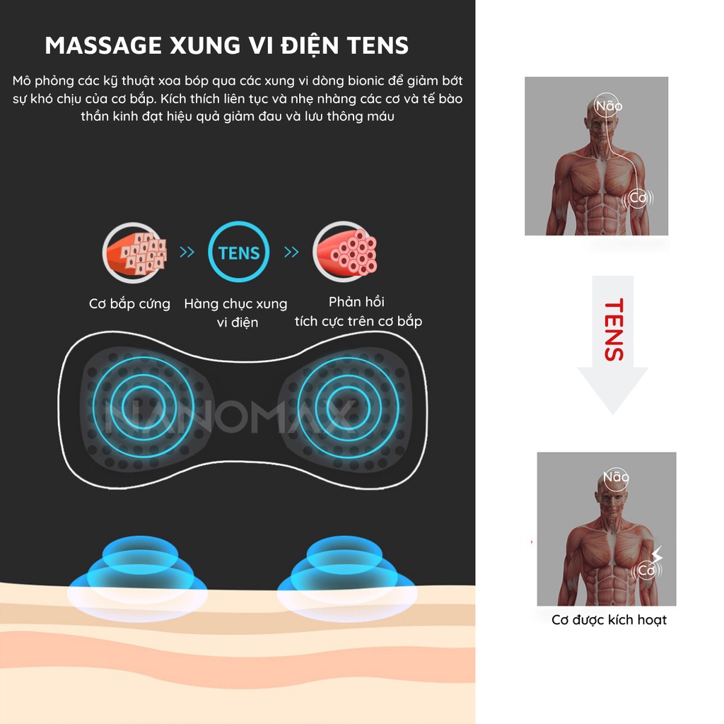 Miếng Dán Massage Xung Điện EMS NANOMAX NMM 01 Tích Hợp 6 Chế Độ 19 Cường Độ Massage Giảm Nhức Mỏi Cổ Vai Gáy Thư Giãn C