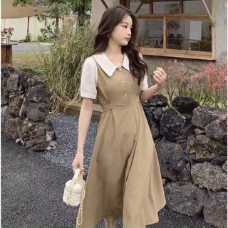 Đầm váy freesize kem cổ trắng thắt eo