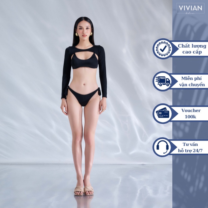 Đồ bơi nữ cao cấp 𝐕𝐈𝐕𝐈𝐀𝐍 dạng hai mảnh áo chữ U phối áo cover tay dài sexy - Đen - VS180_BL