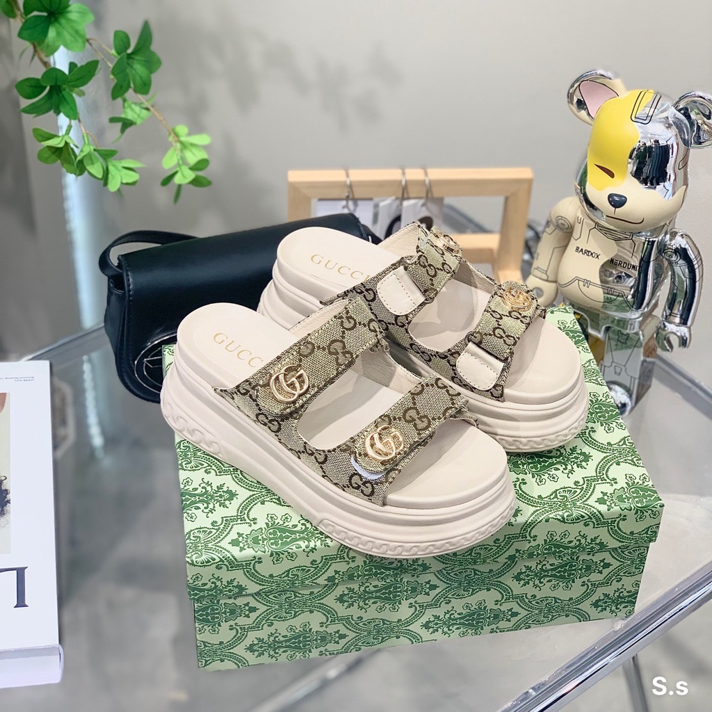 Dép lê nữ 2 quai ngang fullbox hộp xịn đế cao 5 cm khoá dán kiểu dáng thời trang dép mùa hè