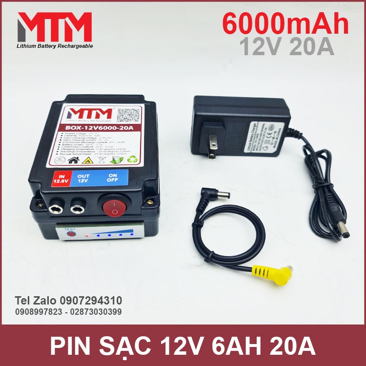 Box pin sạc lithium 12V 6000mAh 20A MTM kèm sạc