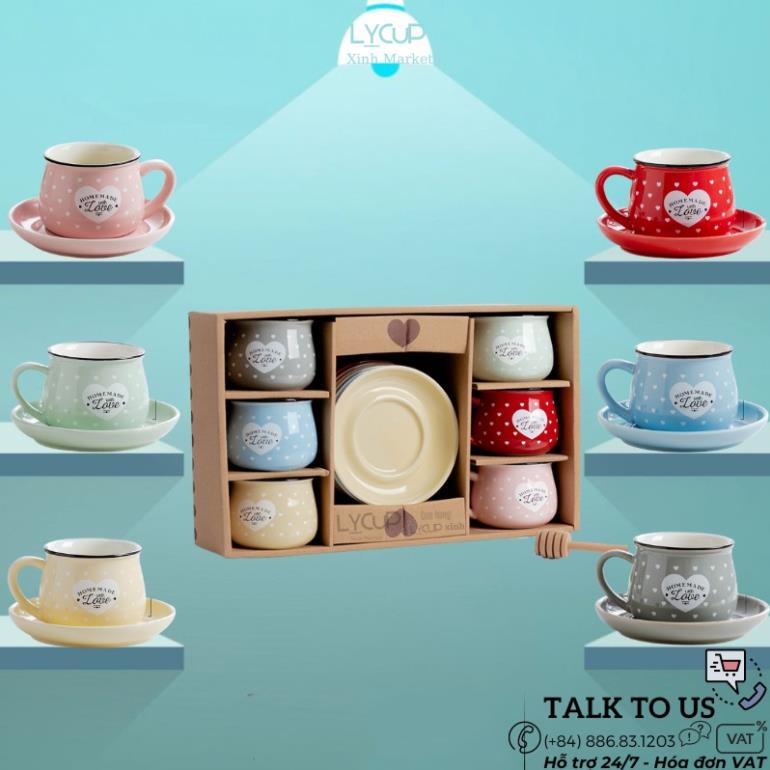 Cốc sứ kèm đĩa HOME MADE with LOVE màu pastel cao cấp dung tích 170ml họa tiết CHẤM BI dễ thương, ly sứ quà tặng ý nghĩa