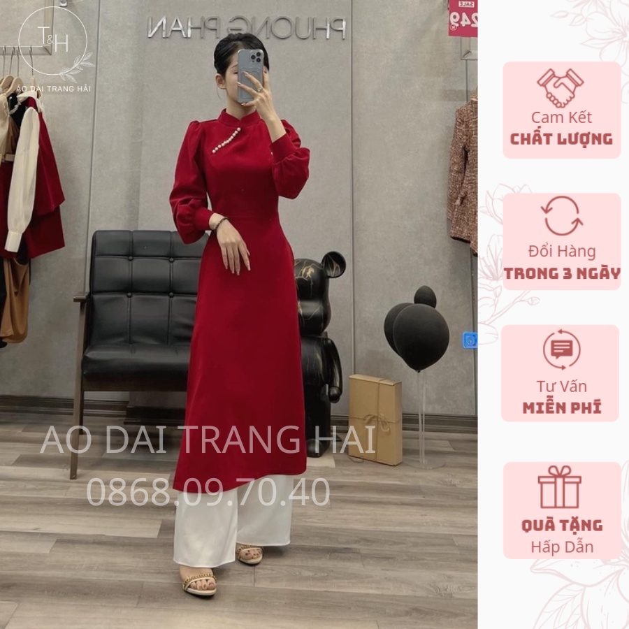 Áo dài cách tân cổ vuông 2cm, tay bồng đính hạt-Trang Hải