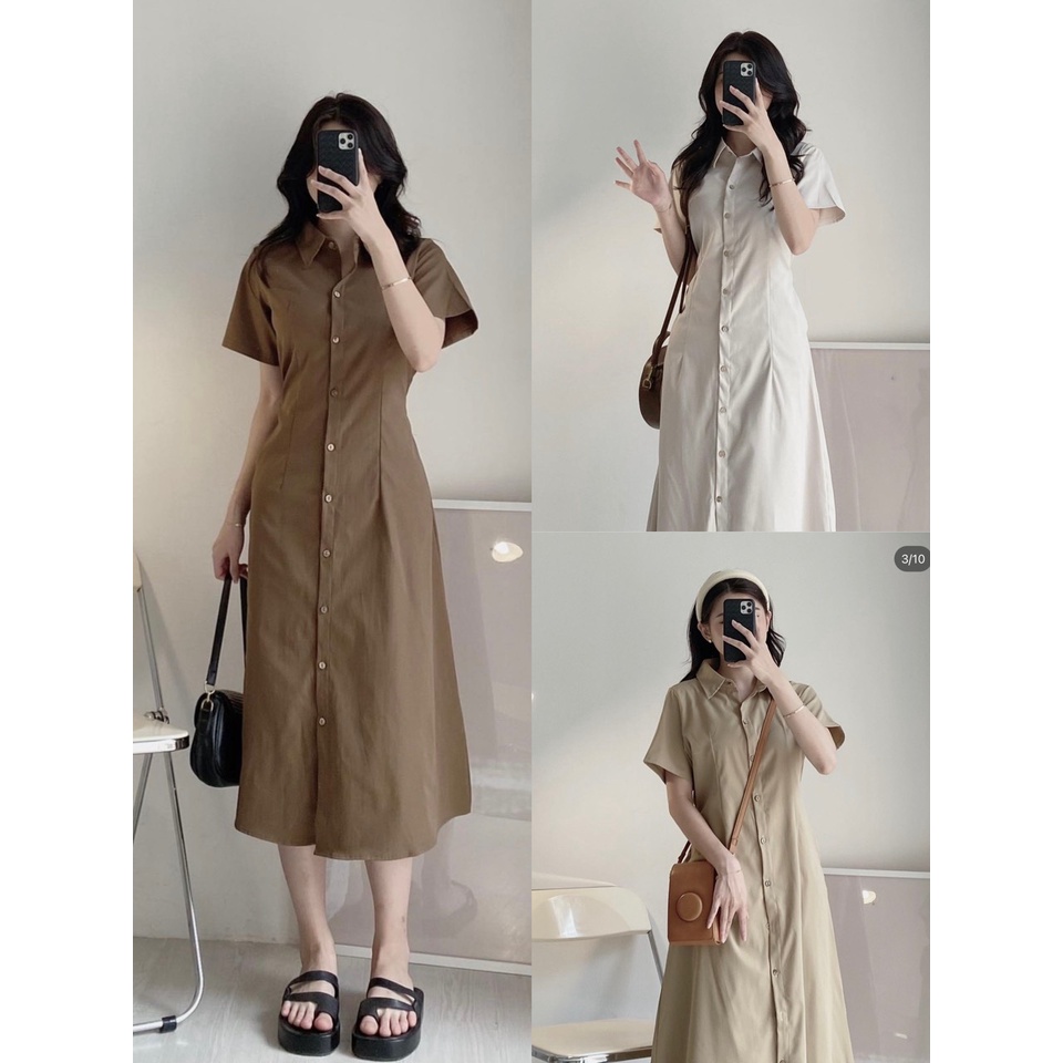 Váy sơ mi dáng dài chun lưng có túi 2 bên Hàn Quốc 2023 Dorita Boutique
