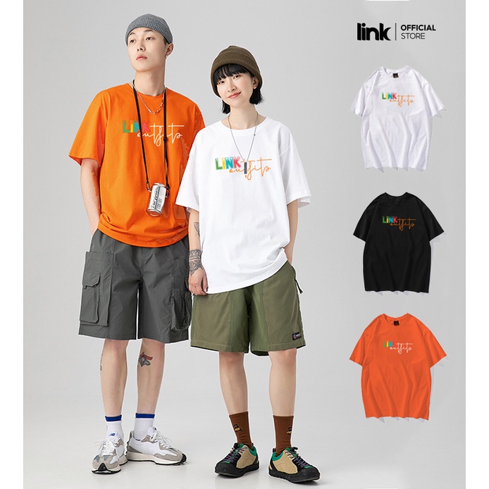 Áo đôi nam nữ form dáng rộng tay lỡ LINK xinh trước ngực unisex (Đen, Trắng, Đỏ cam)