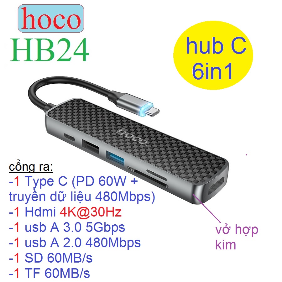 Hub Type C 6 trong 1 Hoco HB24 (HDMi, usb-A, SD, microSD,Type C PD 60W)