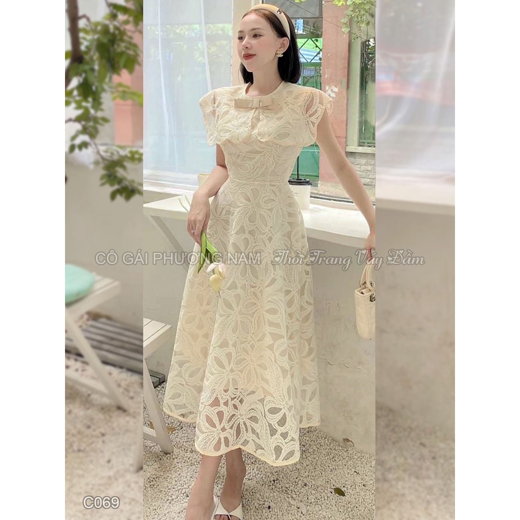 C069: Đầm ren xòe cổ tròn phối nơ tay cánh tiên dự tiệc dáng dài