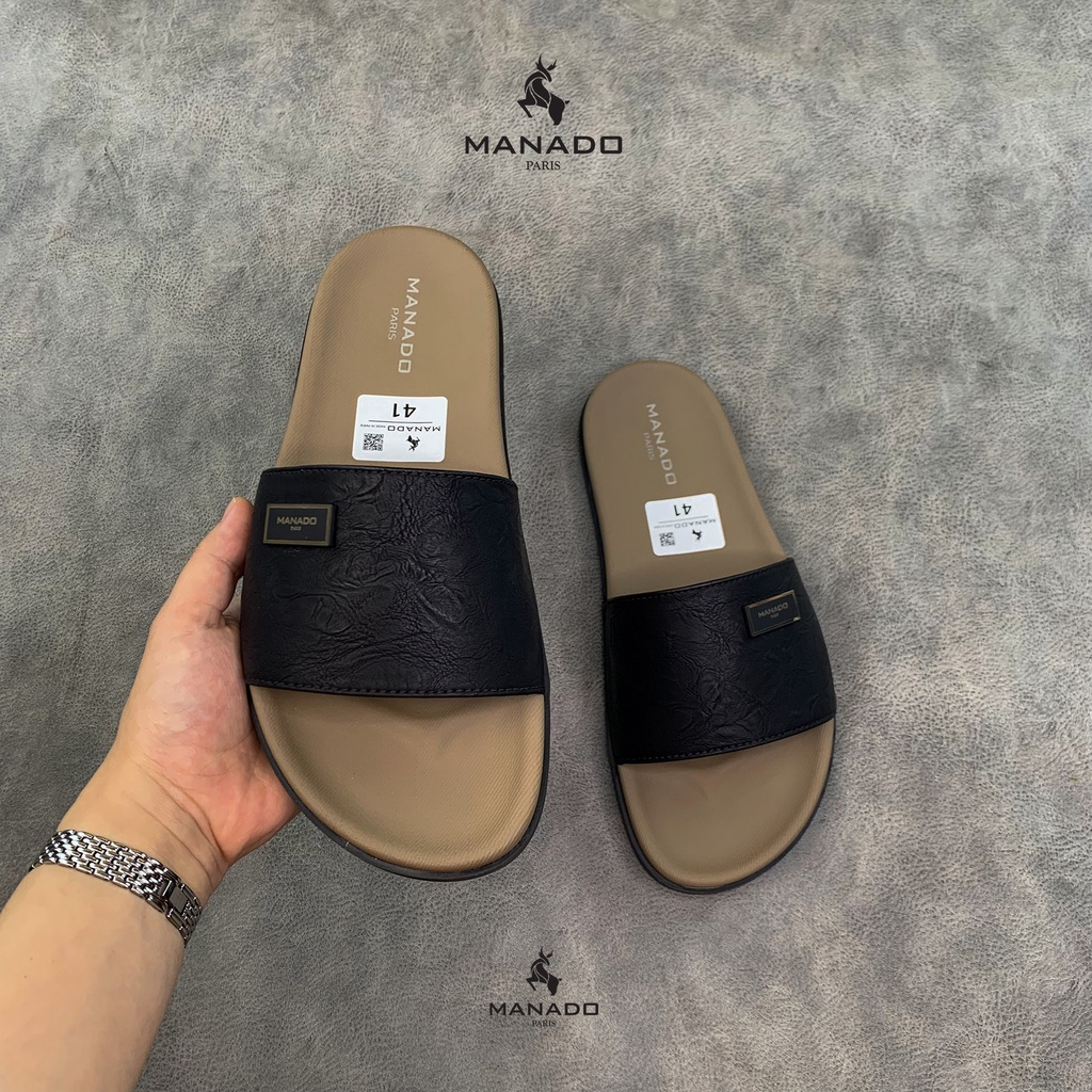 Dép da nam quai ngang cao cấp Manado Mã MND13 màu đen vàng fullbox, quai da mềm mại, đế cao su thiết kế chắc chắn