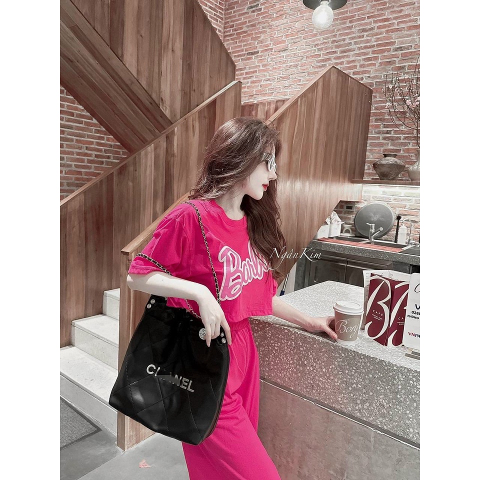 [4.4 Sales Freeship] Set bộ thun thể thao, set áo croptop tay ngắn in chữ babrie  mix quần dài ống suông rộng cá tính