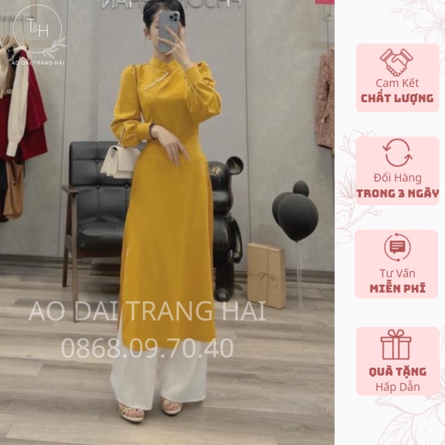 Áo dài cách tân cổ vuông 2cm, tay bồng đính hạt-Trang Hải